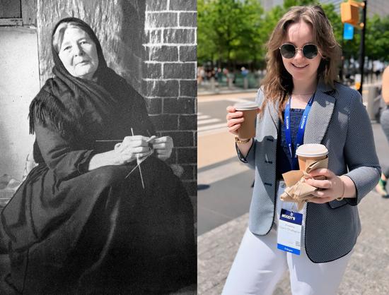 Composite image featuring on the left a black and white photograph showing an elderly Peig Sayers in traditional clothing. She's wearing a dark shawl or head covering and appears to be knitting  Peig is sitting against a brick wall, giving the image an old-world feel.

The right image features Vivienne Sayers O'Callaghan smiling and wearing sunglasses, a blue blazer, and white pants. She's holding two coffee cups and wearing a lanyard with what looks like a conference or event badge.