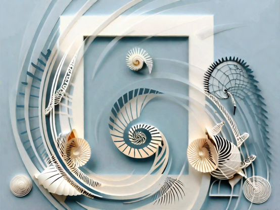 Collection of cross sections of imaginary shells and decorative cut-outs, arranged in a spiral motif, with a marine theme, on a pale blue background with a white frame accent at the center. Collage style.