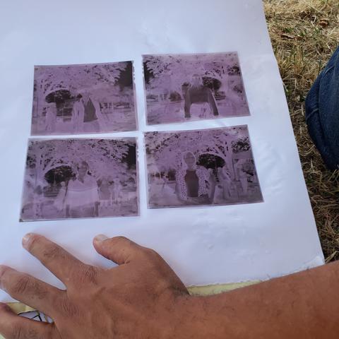 4 analogue portrait photo negatives, laid on a white poster sheet. The negatives were developed with coffee, vitamin C, washing soda & water mixed solution.
