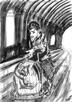 Spare him his life from this monstrosity

A cloven hoofed demon carries a caged man through an arched passageway.