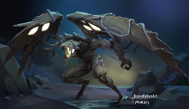 A birdlike contrast of stone, wrapped in petrified vines and glowing eyes in the folds of the stone wings.