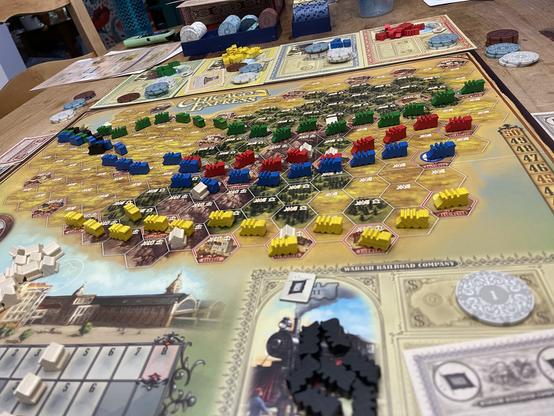 Chicago Express board game with trains in 5 colors after final turn