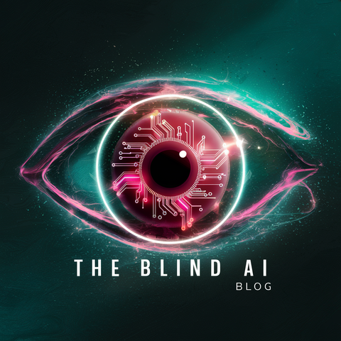 The image depicts an artistic representation of an eye formed by circuitry and digital components, symbolizing artificial intelligence or machine vision. The eye is rendered in striking shades of pink and teal, with circuit board patterns forming the iris and pupil. The title "The Blind AI Blog" appears below, creating an intriguing contrast between vision and blindness. The image conveys themes of technology, perception, and the intersection of human and artificial intelligence in a visually striking and thought-provoking manner.