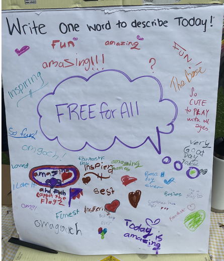 A sheet of flipchart paper with words and pictures written or drawn on with different colour markers. Words say 'fun', 'amazing' and 'very good day'. The words 'Free For All' are in the middle as the words were written in relation to a play event at a park.