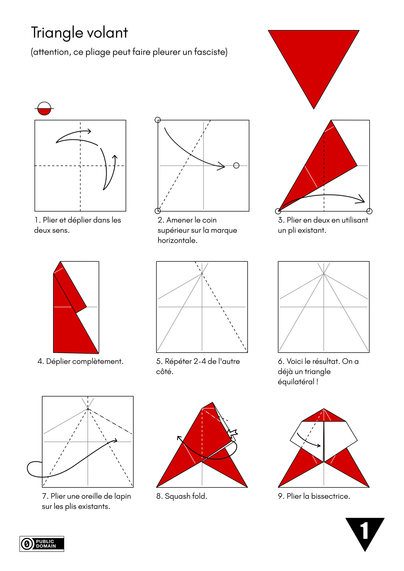Première page du diagramme.
Titre : Triangle volant
Sous-titre : Attention, ce pliage peut faire pleurer un fasciste