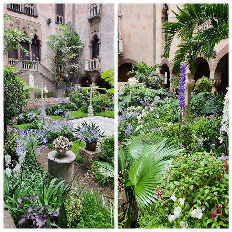 A two part collage showing the courtyard of the Isabella Stewart Gardner Museum. This Venetian courtyard is heavily planted with many flowering plants with blue flowers. The center of the courtyard has a tile mosaic patio. There are stairs on the far left leading up to the second level, and in the third floor window on the left, we see more dramatic blue flower displays.