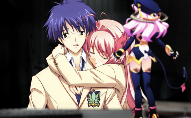 Kuva Chaos;Head -visual novelista. Takumi katsoo haikeasti pöydällä olevaan vähäpukeiseen animetyttöfiguuriin. Rimi halaa häntä sivulta murheellisena. Takumilla ja Rimillä on yllään kermanväriset koulupuvun bleiserit. Huone on musta ja pimeä.