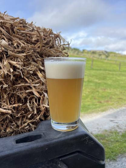 A shaker pint of hazy IPA on the back gate of a small truck next to a bale of pea straw.
