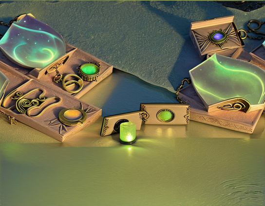 Mystical glowing green, purple, and and golden gem and metal artifacts, in ornate boxes, on grey cement-like rock and golden sand, by otherworldly luminous green water.