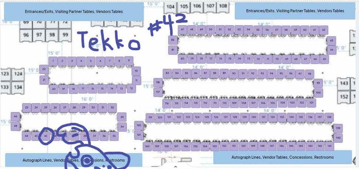 The artist alley map for Tekko 2024. There is a mola pointing to table #42
