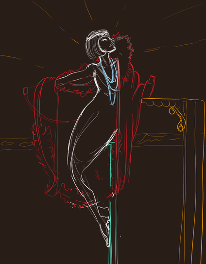 Sketch mit bunten Farben auf einem dunklen Canvas. Zeigt eine Frau im Stil der 20er im Posing des Kunststils des Künstlers Erte (oder zumnindest der Versuch, seinen Vibe zu verstehen.). Ist erst noch sehr grob und ohne jegliches Detail. Hier geht es um den Fluss und das Finden einer Postion, der zur Figur und dem gewünschten Stil passt. Auch versuche ich zu verstehen, in welchen Proportionen Erte arbeitet, was ihm an Frauenkörpern wichtig ist und wie er sein Canvas balanciert.