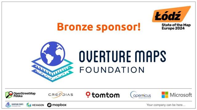 The image reads 'Bronze sponsor!' with Overture Maps Foundation logo below.