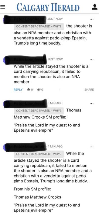 A series of comments about the trump shooter that have been blocked by postmedia mods