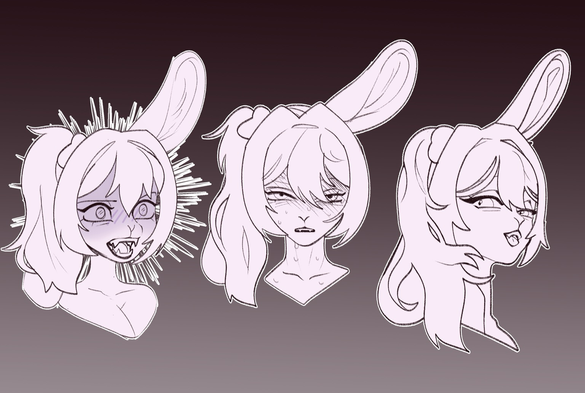 3 expressions sketched, left to right: shocked, embarrassed/disgusted, proud.