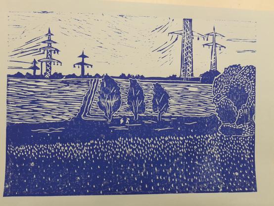 Linoldruck in kräftigem Blau der Landschaft.