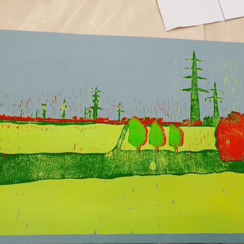 Mehrfarbiger Druck eines Holzschnitt der Landschaft