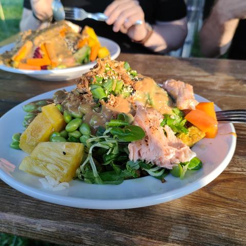 Essen auf dem HOA. Darauf zu sehen ist ein voll beladener tiefer Teller. Der Teller ist hoch gefüllt mit den Zutaten, wie in einer Sushi bowl.