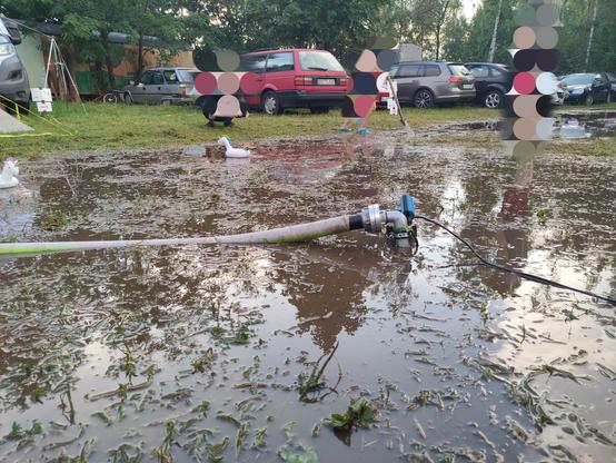 Foto einer großen Pfütze. Im Hintergrund sind Menschen verpixelt. Einer davon macht ein Foto. Ein anderer hält einen Spaten.
Im Vordergrund steht in der Pfütze eine Pumpe mit einem Feuerwehrschlauch. Etwas dahinter schwimmen kleine aufblasbare Einhörner auf der Pfütze.