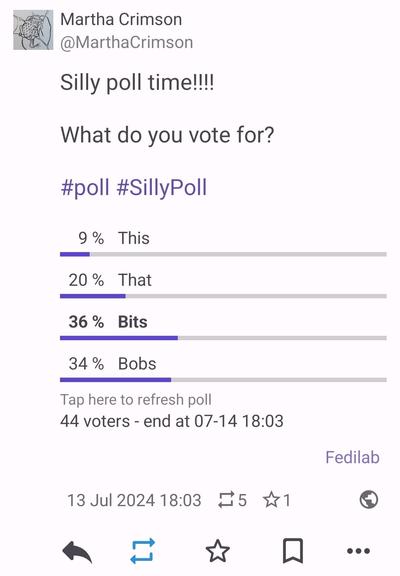 Silly poll where 44 voters voted before the poll closed. Result

9% this
20% that
36% bits
35% bobs