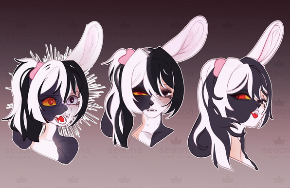 Anthro harlequin rabbit 3 expressions, digital art.
