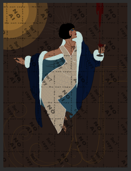 Digital illustration of a black haired woman in art deco style sitting at a bar. In one hand she holds flying googles, in the other a glas that is being filled with red fluid. she wears a pearl white dress in 20s style and a blue coat that floats around her figure