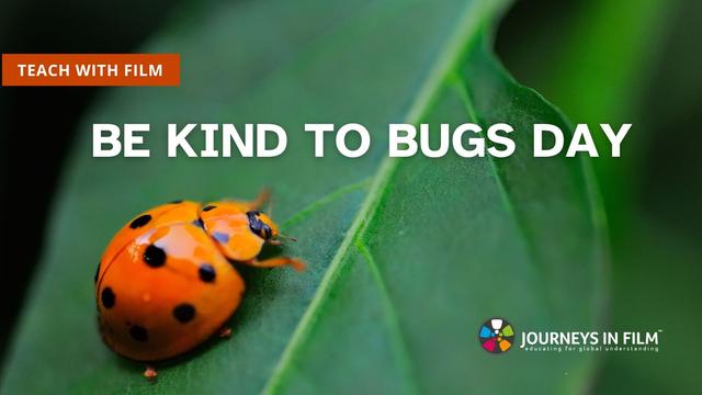 Photo of a round orange bug with black polka-dots, perhaps a type of ladybug, on a green leaf. Text says: "Be Kind to Bugs Day. Teach With Film. Journeys In Film."