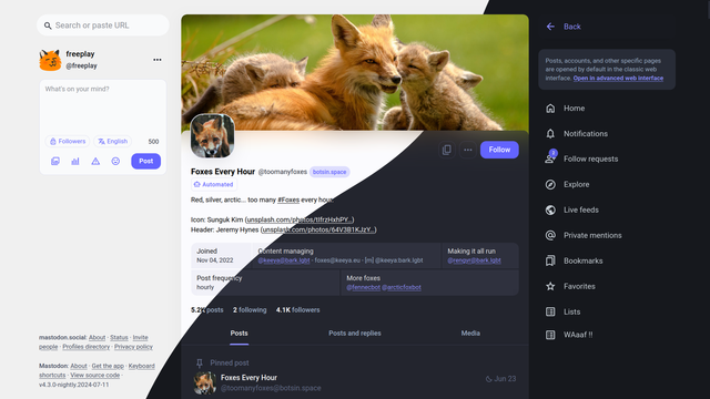 Mastodon with the MastoModern UserStyle applied, shown is the FoxesEveryHour profile (@toomanyfoxes@botsin.space). The image shows both light and dark themes