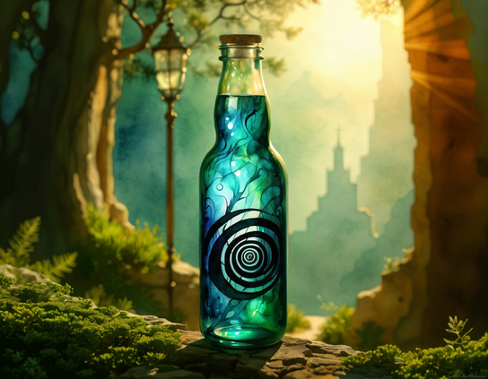 Luminescent blue soda bottle with decorative swirls and hypnotic logo design, against a blurred background of glowing sunset light, fantasy buildings, forest ambiance, and a quaint streetlight. Advertising style.