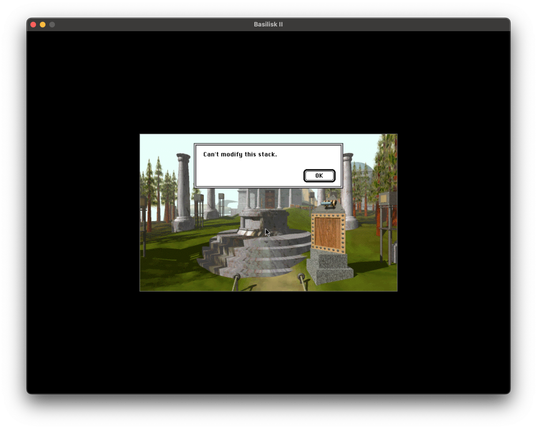 Myst running in Basilisk II with a dialog overlay displaying "Can't modify this stack" and an Ok button