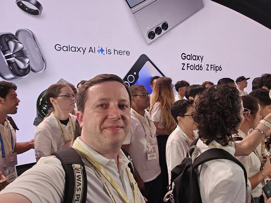 Selfie of me on stage of Galaxy Unpacked event in Paris with other Samsung Members