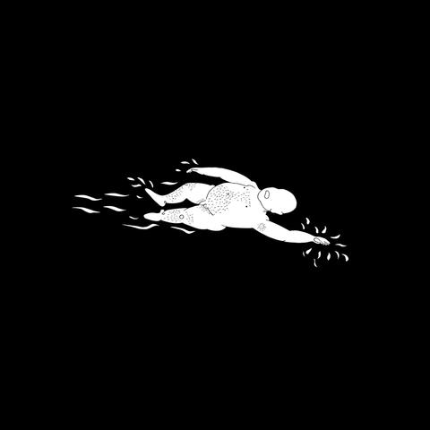 Line drawing of a naked man with a belly and body hair swiming on his back, dark background