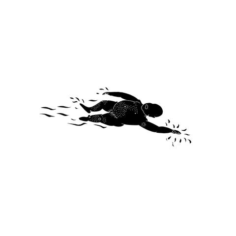 Line drawing of a naked man with a belly and body hair swiming on his back, light background