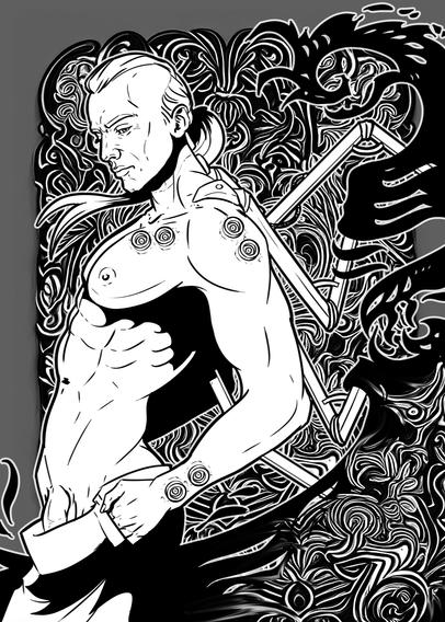 Black and white inkdrawing of Fabius Bile. Sideview. He's naked except a kind of Sarong that's sliding down his hips. His Chirurgeon is turning into some demonic wings and a strange, floral, unsettling texture is in the background.