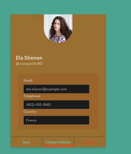 Profile edit menu
Profile picture is at the top followed by the Name "Ela Stienen" and a form with the fields email, telephone and country.

At the bottom there is a change visibility button which is highlighted