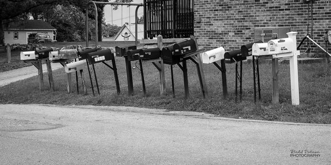 17 mailboxes of various types and colors stand side by side at the edge of a road.
