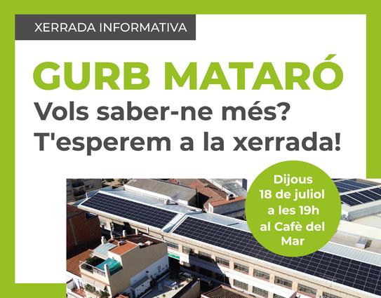 Cartell de la xerrada informativa on s'hi veu una coberta d'una nau industrial a un nucli urbà amb plaques solars.