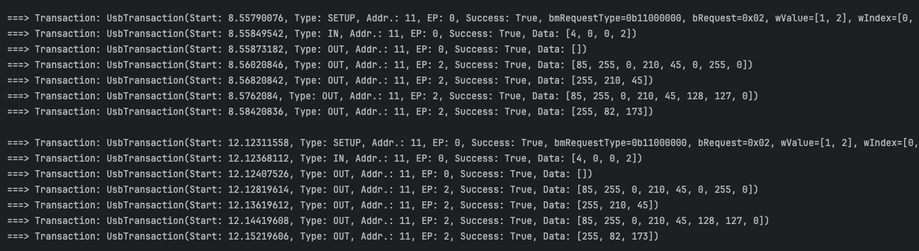 The tool's intermediate output: a bunch of USB transactions being displayed.

A boring excerpt (won't be fun to read or hear I guess):


===> Transaction: UsbTransaction(Start: 8.55790076, Type: SETUP, Addr.: 11, EP: 0, Success: True, bmRequestType=0b11000000, bRequest=0x02, wValue=[1, 2], wIndex=[0, 0], wLength=[232, 3])
===> Transaction: UsbTransaction(Start: 8.55849542, Type: IN, Addr.: 11, EP: 0, Success: True, Data: [4, 0, 0, 2])
===> Transaction: UsbTransaction(Start: 8.55873182, Type: OUT, Addr.: 11, EP: 0, Success: True, Data: [])
===> Transaction: UsbTransaction(Start: 8.56020846, Type: OUT, Addr.: 11, EP: 2, Success: True, Data: [85, 255, 0, 210, 45, 0, 255, 0])
===> Transaction: UsbTransaction(Start: 8.56820842, Type: OUT, Addr.: 11, EP: 2, Success: True, Data: [255, 210, 45])
===> Transaction: UsbTransaction(Start: 8.5762084, Type: OUT, Addr.: 11, EP: 2, Success: True, Data: [85, 255, 0, 210, 45, 128, 127, 0])
===> Transaction: UsbTransaction(Start: 8.58420836, Type: OUT, Addr.: 11, EP: 2, Success: True, Data: [255, 82, 173])

===> Transaction: UsbTransaction(Start: 12.12311558, Type: SETUP, Addr.: 11, EP: 0, Success: True, bmRequestType=0b11000000, bRequest=0x02, wValue=[1, 2], wIndex=[0, 0], wLength=[232, 3])