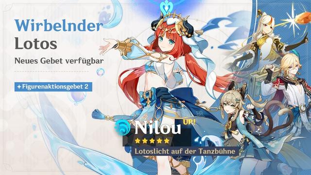 Genshin Impact Banner zum Figurengebet in 4.8.
Dargestellt ist Nilou mit den drei 4 Sterne Figuren Níngguāng, Kaveh und Kirara