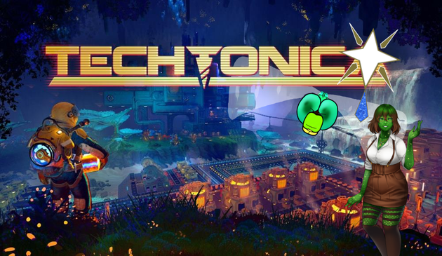 A screenshot from techtonica with a yellow-hazmat-suited figure with a bright blue-glowing fan in the left foreground overlooking a cave full of luminescent fauna and industrial machinery. In the right foreground facing the camera are me (a giant blue-green dragonfly), Lexi, a green slime-girl, and Mourning Star, a stylised four-pointed star with a blue crystal pendant.