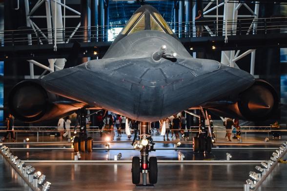 Head-on view of the SR-71 spy plane, a retired reconaissance aircraft on display at the Udvar-Hazy Center in Chantilly, Va.