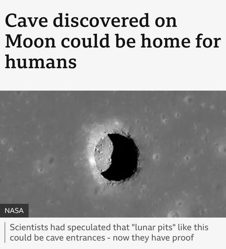 Headline about a cave discovered on the Moon, with an image of a lunar pit. A caption mentions that scientists speculated such pits could be cave entrances, and now they have proof.