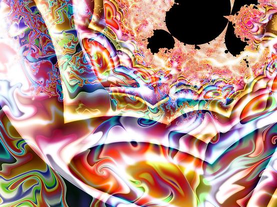 Mutated Mandelbrot with flame shapes and pointed temple-like structures in red, blue, green and yellow with glow