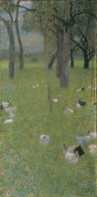 After the Rain (Garden with Chickens in St. Agatha), long vertical canvas, painting of a flock of chickens in green grass with trees and sky in background