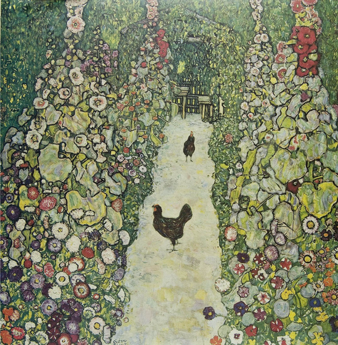 Garden Path with Chickens, 1916, square canvas, painting of two chickens standing in a path cutting across center of composition, with profusely blooming garden on either side