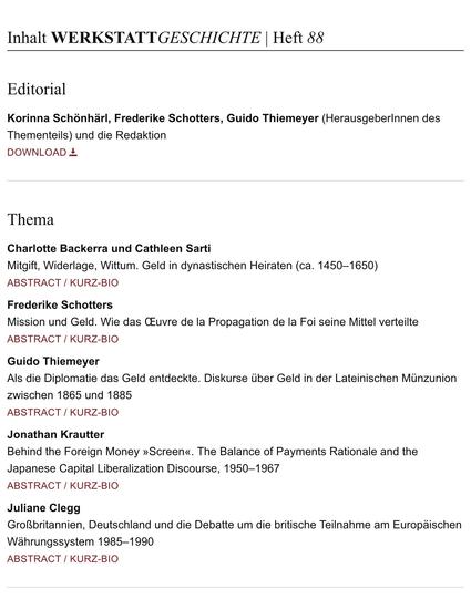 Inhaltsverzeichnis (Auszung) von WerkstattGeschichte 88/2023