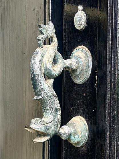 A door handle of indeterminate age shaped like a sinuous, sea serpent like creature.