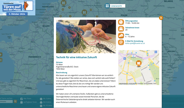 Screenshot der verlinkten Seite. 
Zielgruppe sind Kinder von 4-12 Jahren.

Links oben steht Die Maus in einer offenen Tür, daneben steht "ZusammenTun - Türen auf mit der Maus. 3. Oktober 2024".
Im Hintergrund ist eine Karte von Europa mit einigen Markierungen sichtbar. Im Vordergrund die Beschreibung der verlinkten Veranstaltung.
Ein Foto zeigt die Hände einer weißen Person, die mit Garn und Elektronik hantiert.
Daneben und darunter Eckdaten wie Adresse, Workshop-Beschreibung, Kontaktdaten.