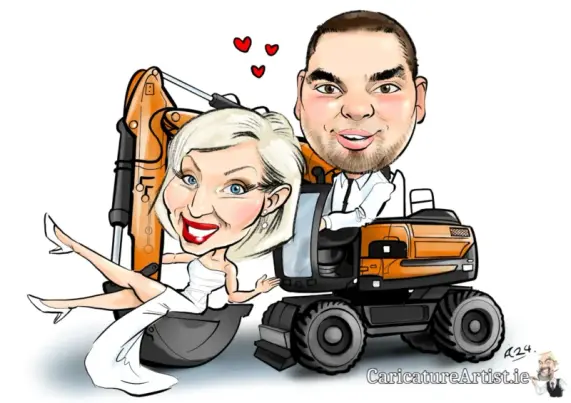 Image depicts a newlywed couple in an excavator/digger. Bride is a smiling blonde woman in a white wedding dress sitting in the excavator bucket and kicking up her legs. The groom has short brown hair and a short beard and is wearing a white shirt and dark tie. He is sitting in the cab of the excavator and driving it. He is also smiling.