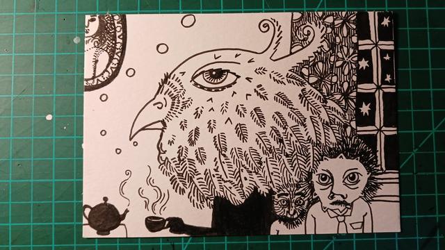 Black pen drawing. A sardonic bird headed person holds a cup of tea. There are two  much smaller glum looking hairy people next to it. Also visible in the background is a window to a starry night sky, and a bit of portrait on the wall.
