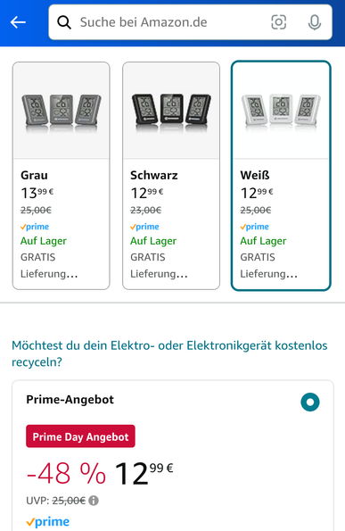 Screenshot von einem Amazon Prime Angebot für drei Thermometer mit hygrometer mit 48% Reduzierung von UVP 25 auf 12,99 euro